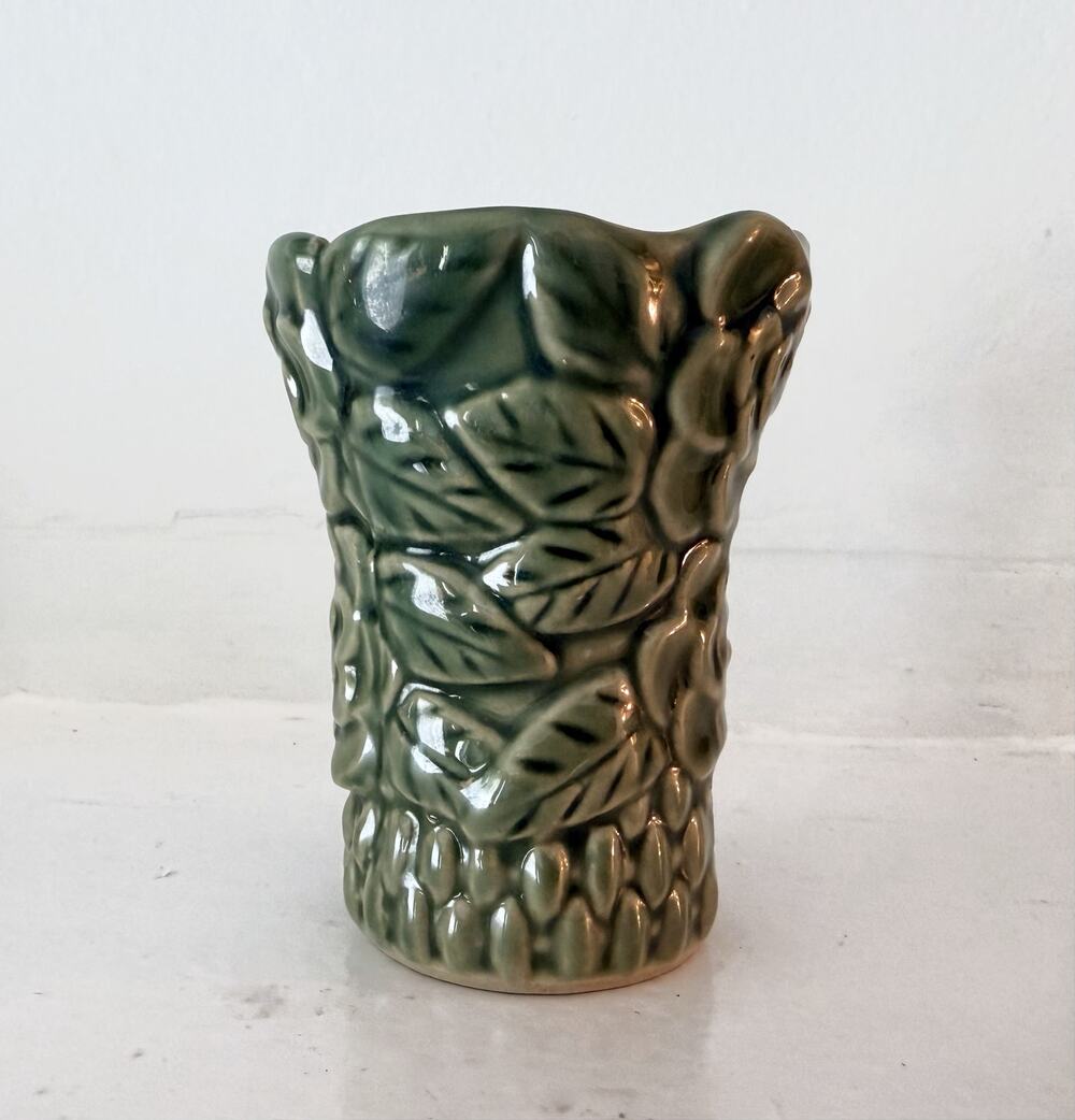 Vintage Green Floral Relief Pottery Vase Small Rose Leaves Cottage Ceramic Tiki